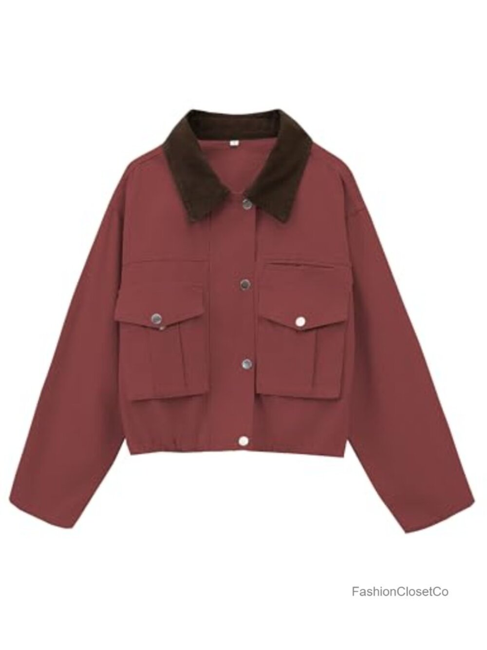 Cropped Barn Jacket Contrast Collar Button Front Loose Fit Casual
